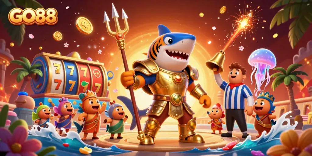 Play exciting games at GO88 with a fierce golden shark in an underwater casino.