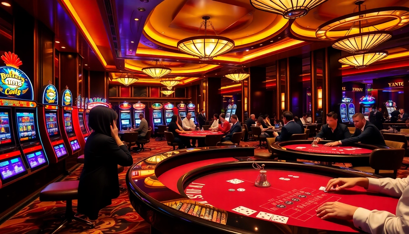 Experience high-stakes gaming at F168 with luxurious casino tables and vibrant slot machines.