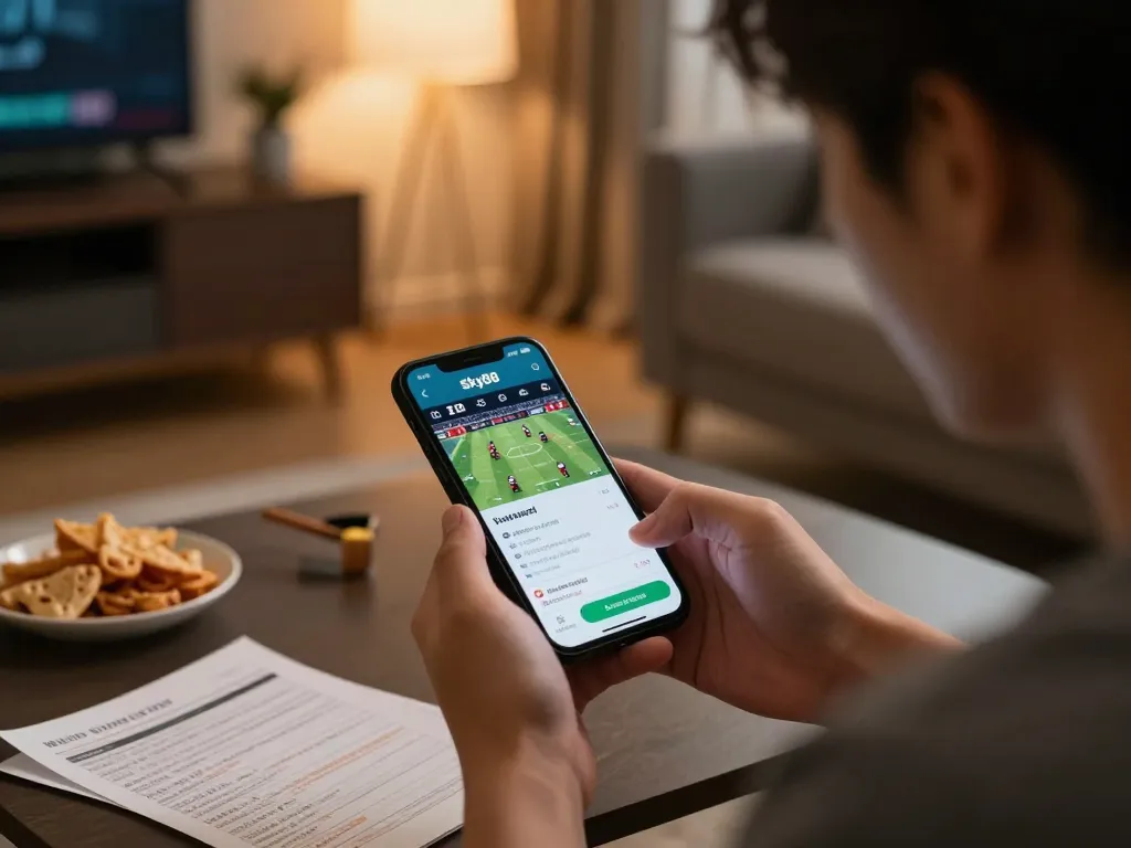 Placing bets on Link truy cập Sky88 mobile app, showcasing online sports betting excitement.