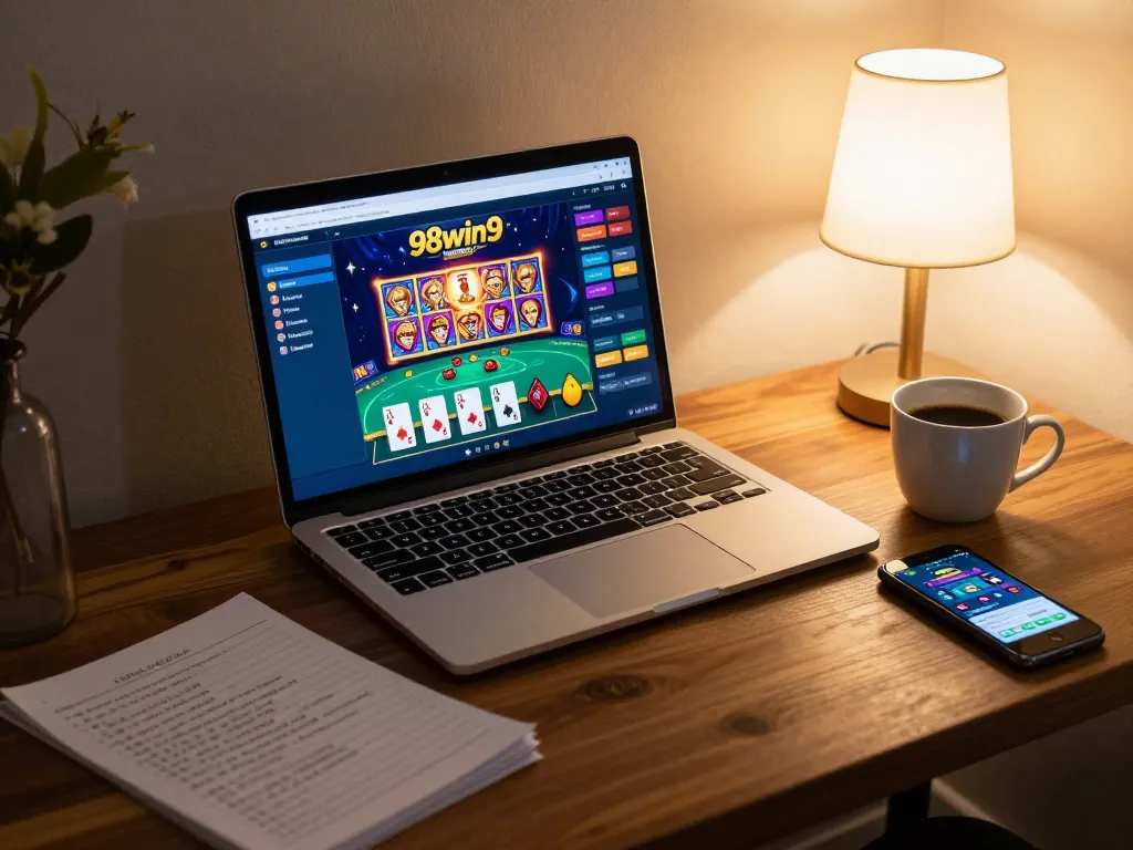 Player engaging with online casino 98win9 on a laptop, showcasing dynamic gaming experience