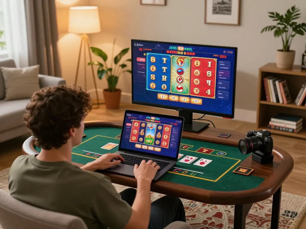 Player using laptop for online gaming at home, showcasing alo8's interface and responsible gaming vibe