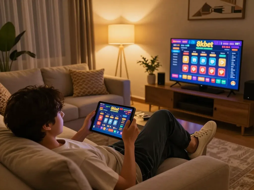Engaged player enjoying 8kbet online gaming setup with colorful tablet interface in cozy environment.