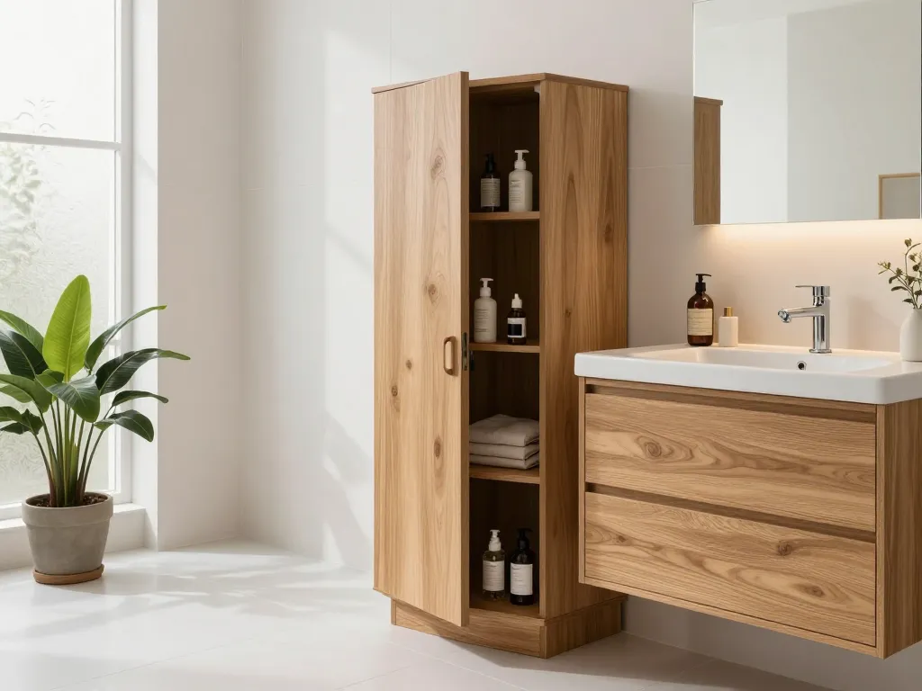Ontdek een stijlvolle van heck badkamers kast in een moderne badkamer, prachtig georganiseerd met elegante accessoires.