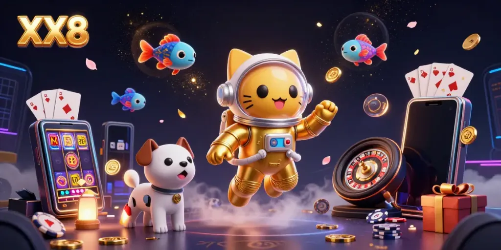 Experience the vivid universe of XX8 with an astronaut cat and casino elements, showcasing thrilling gaming action.