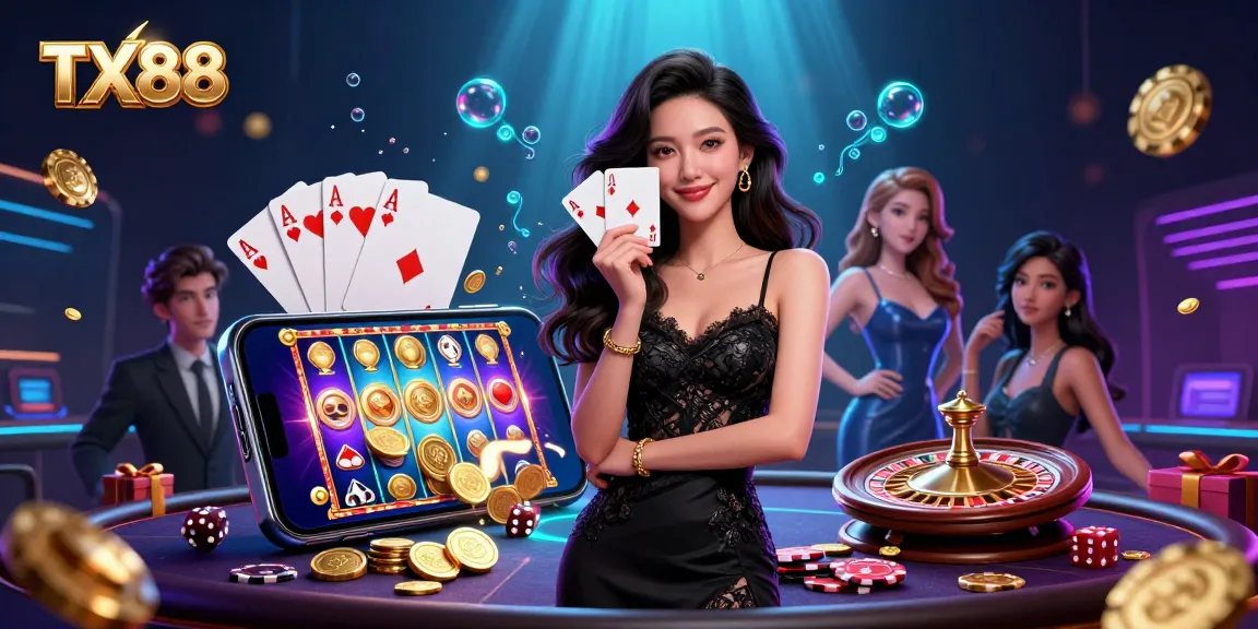 Experience the thrill of TX88 with an elegant scene of card games and vibrant casino elements.