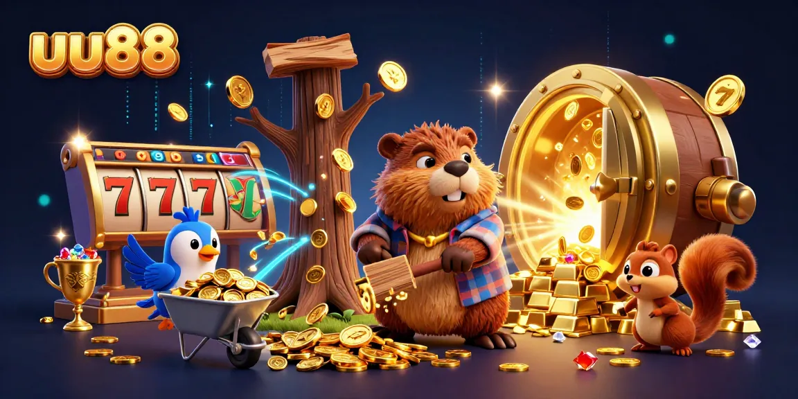 uu88 showcases a vibrant casino atmosphere with beaver, bird, and squirrel as characters collecting golden coins.