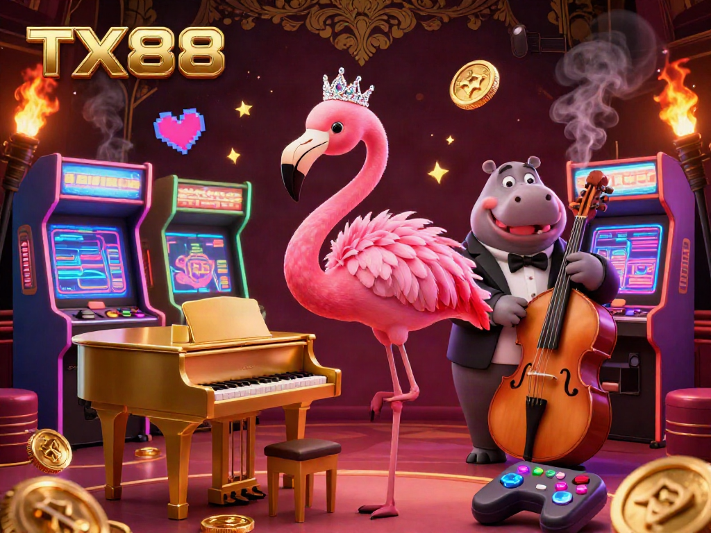Experience the vibrant TX88 casino ambiance with a flamingo singer and hippo bassist under dazzling lights.