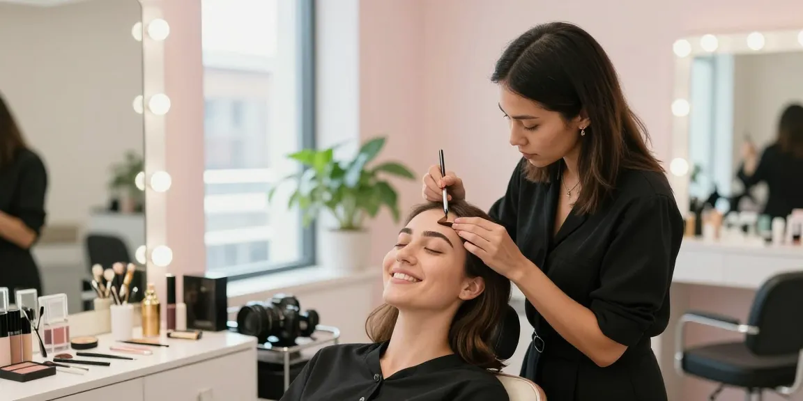 Klant ontvangt poeder brows behandeling in een modern beauty studio, met nadruk op kunstzinnigheid en ontspanning.