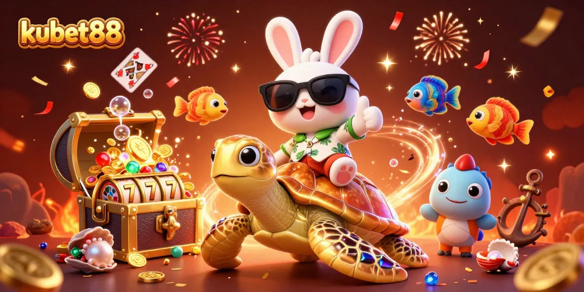 Engaging 3D scene showcasing kubet88's lucky rabbit and golden turtle amidst rich casino elements for a vibrant experience.