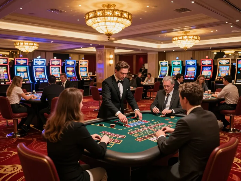 Players immersed in a high-stakes game at nhà cái mm88's elegant casino, capturing the excitement of gambling.