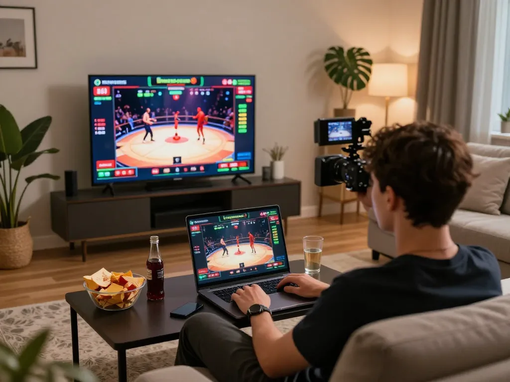 Engaging in trực tiếp đá gà while monitoring live gameplay on a laptop in a cozy home environment
