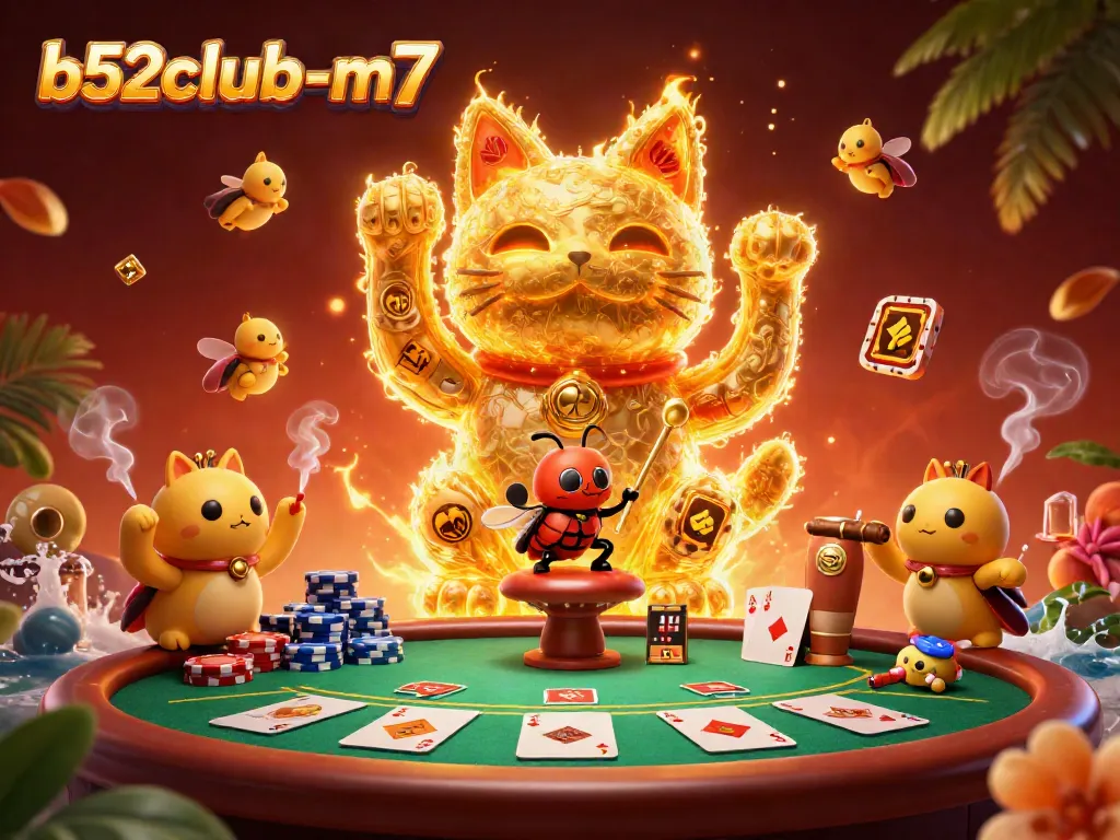 B52club-m7 captures the excitement of poker with a lucky cat and conductor in a dynamic casino scene.