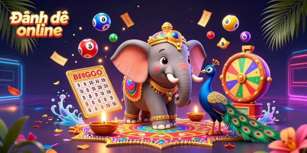 Engage in Đánh đề online with a vibrant lottery scene featuring colorful balls and dynamic elements.