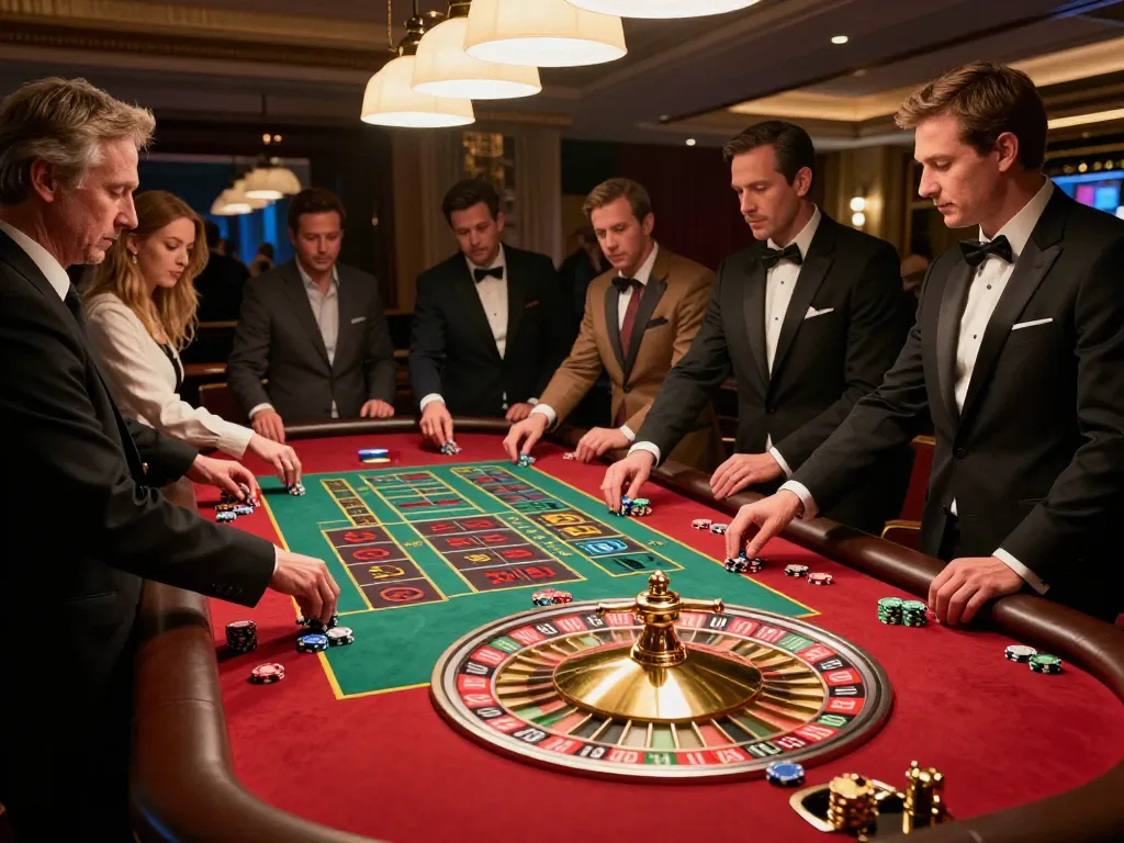 Players engaging with CM88 roulette table, betting excitement captured in upscale casino.