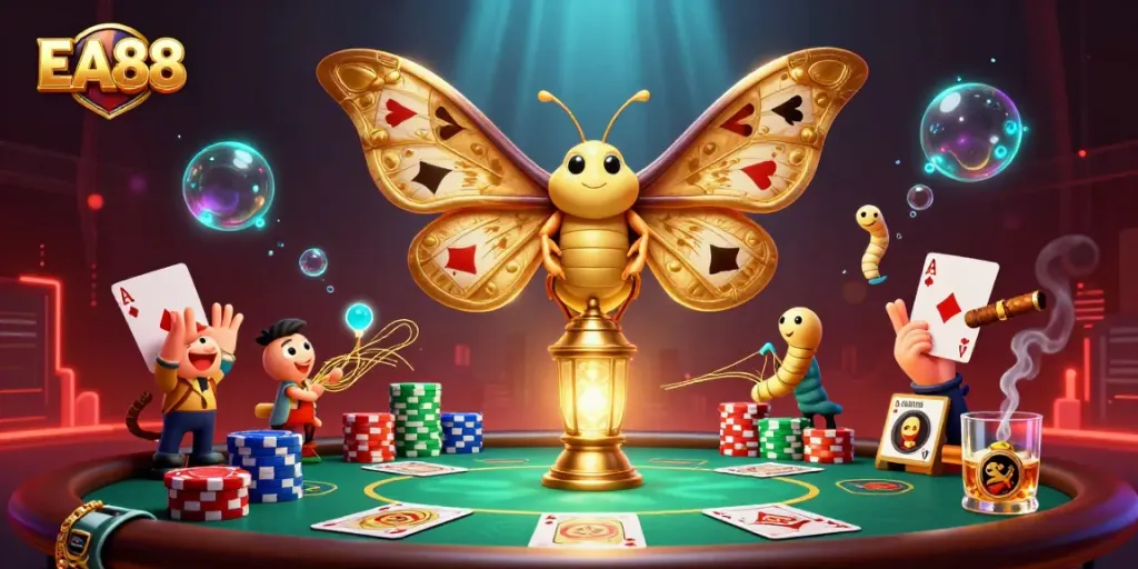 Experience EA88's vibrant casino atmosphere with a golden-motif illustration of games, cards, and excitement.
