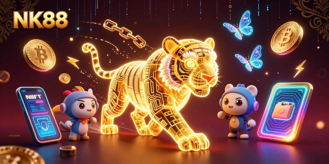 Engage with NK88’s vibrant casino world featuring a glowing tiger and crypto elements.