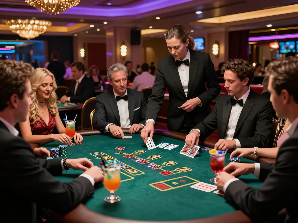 Players embrace the excitement of blackjack at ALO8 casino table, vibrant atmosphere.