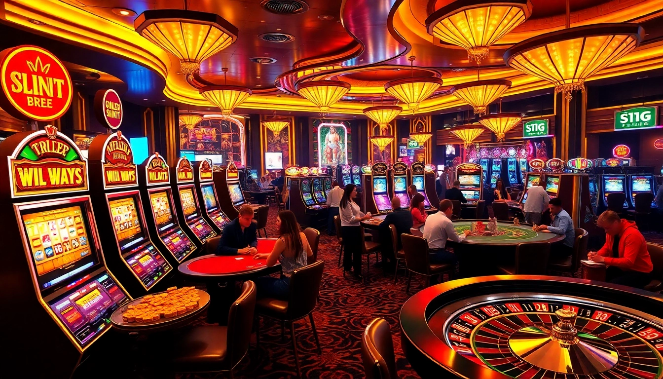 Players celebrate wins at slot machines in a thrilling slo365 casino scene.