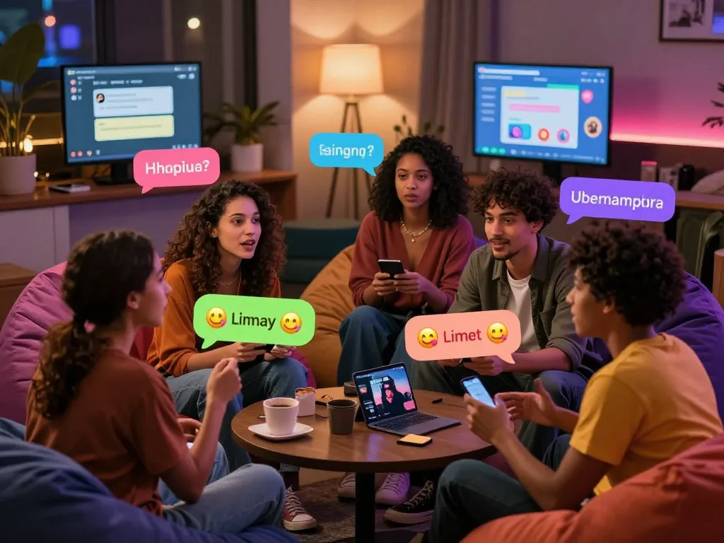Engaging sex chat scene with diverse avatars in a cozy virtual lounge.