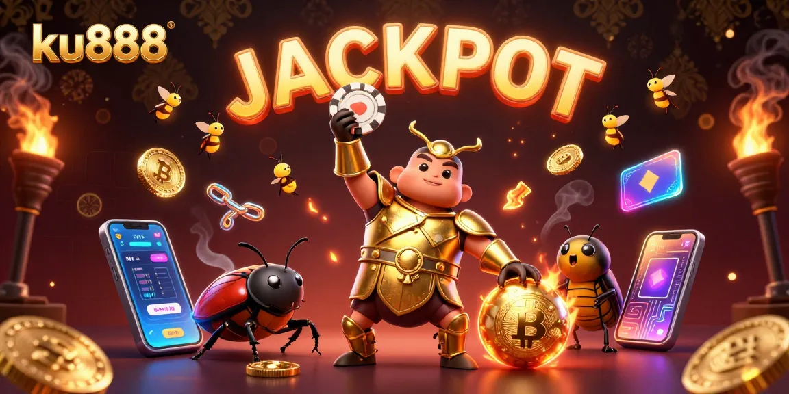 Elevate your play with ku888 as a heroic beetle celebrates a jackpot victory in a vibrant casino scene.