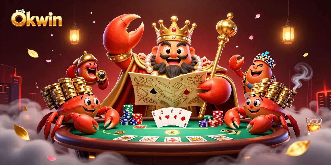 Engage in thrilling poker action with Okwin's golden crab emperor amidst vibrant casino elements.