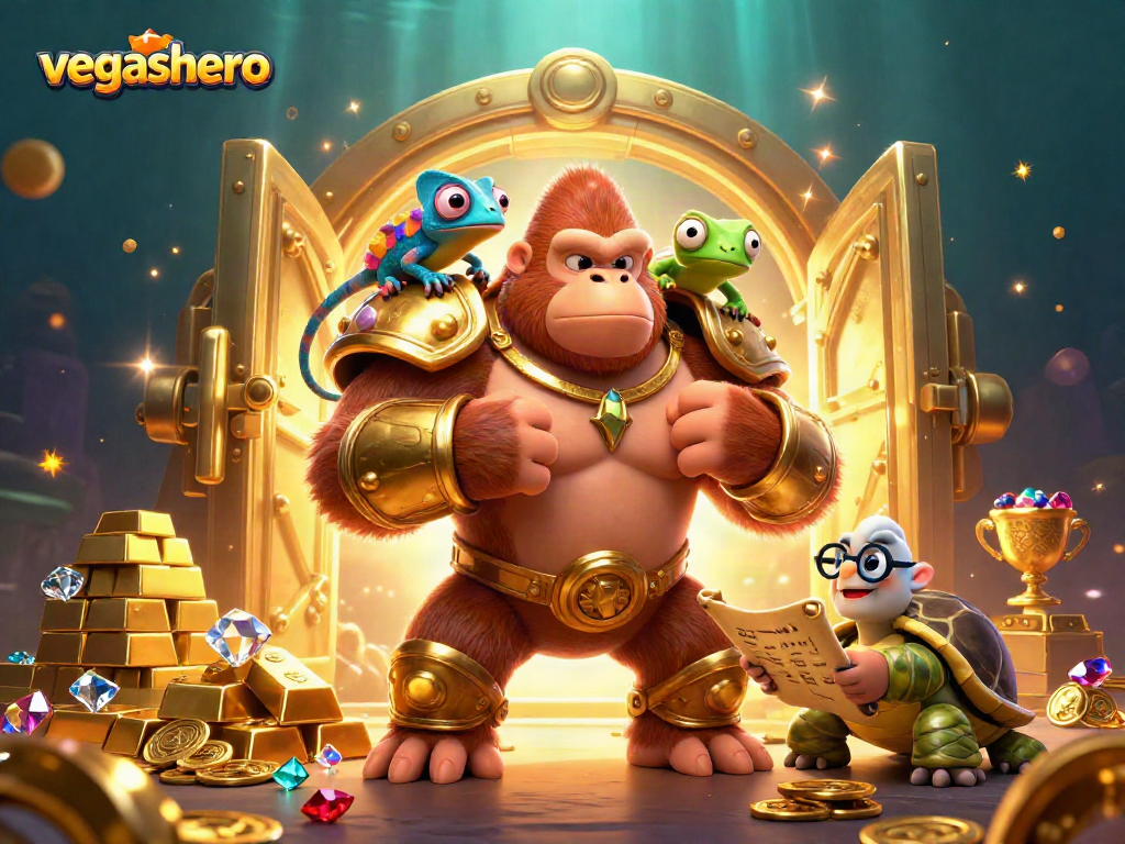 Experience the thrill of winning at VegasHero casino with vibrant 3D visuals of dynamic characters and treasures.