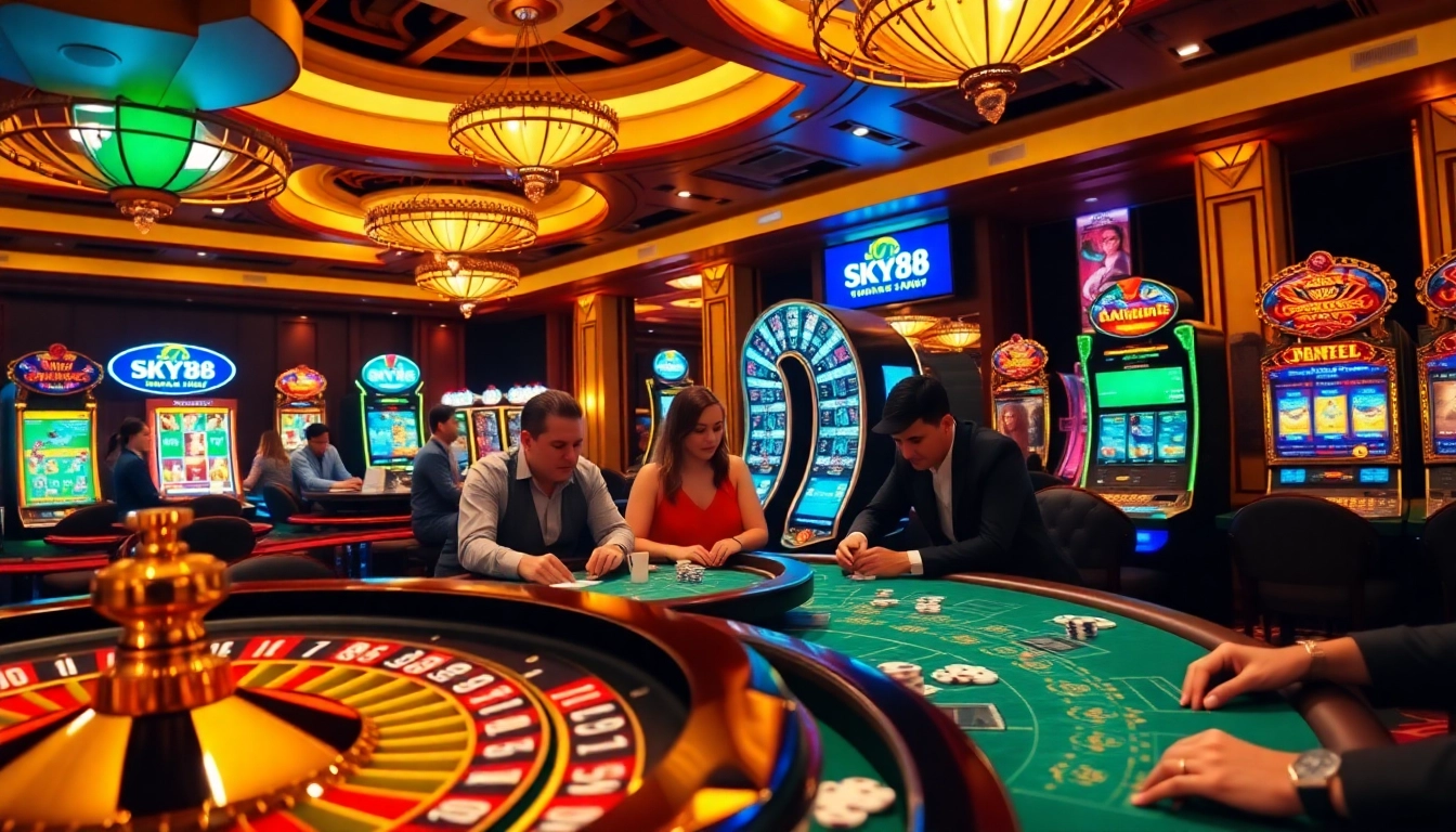 Engaged players at SKY88 casino tables enjoying a vibrant atmosphere of gaming excitement.