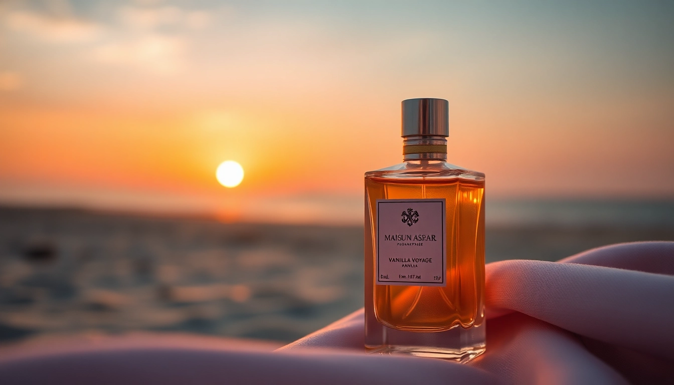 Admire the Vanilla Voyage by Maison Asrar fragrance bottle elegantly displayed against a serene sunset beach backdrop.