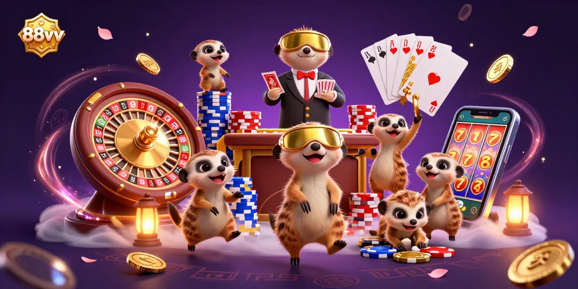 Experience excitement at 88vv casino with cheerful meerkats running games and cascading gold coins.