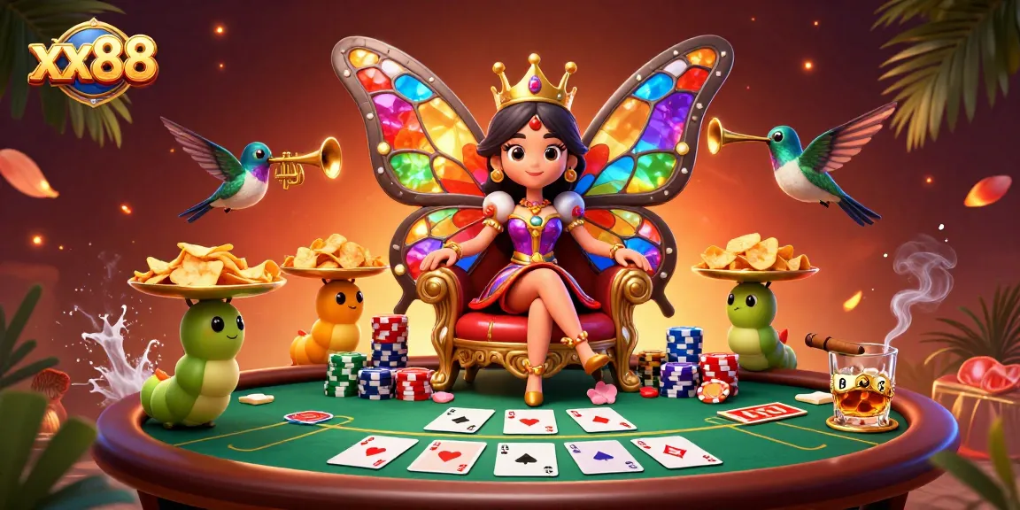 Join the exciting gameplay at xx88; a vibrant 3D scene of a butterfly queen amidst poker chip action.