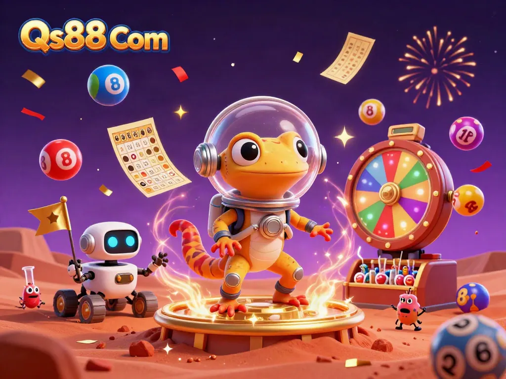 Cheerful alien gecko exploring a golden casino with exciting elements for Qs88 Com.