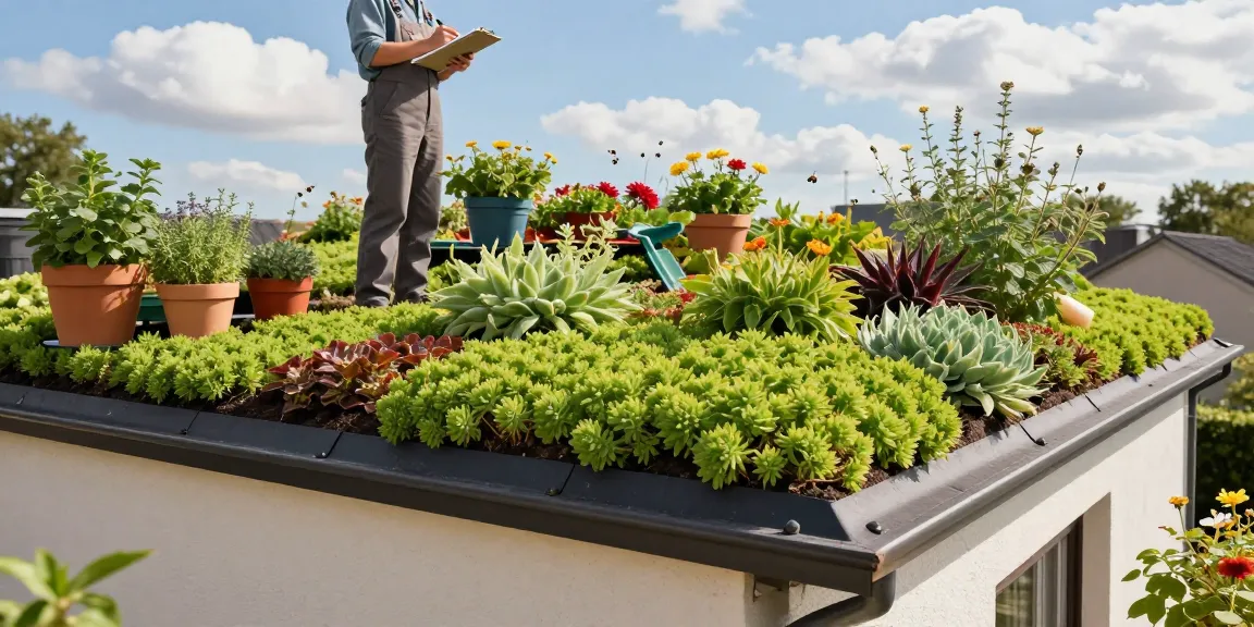 Vibrante sedum groendak met bloeiende dakbedekking sedum planten; eco-vriendelijke tuin scène.