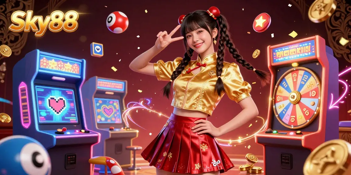 Sky88's vibrant casino scene showcasing a joyful Asian woman with lottery balls, spinning prizes, and colorful arcade elements.