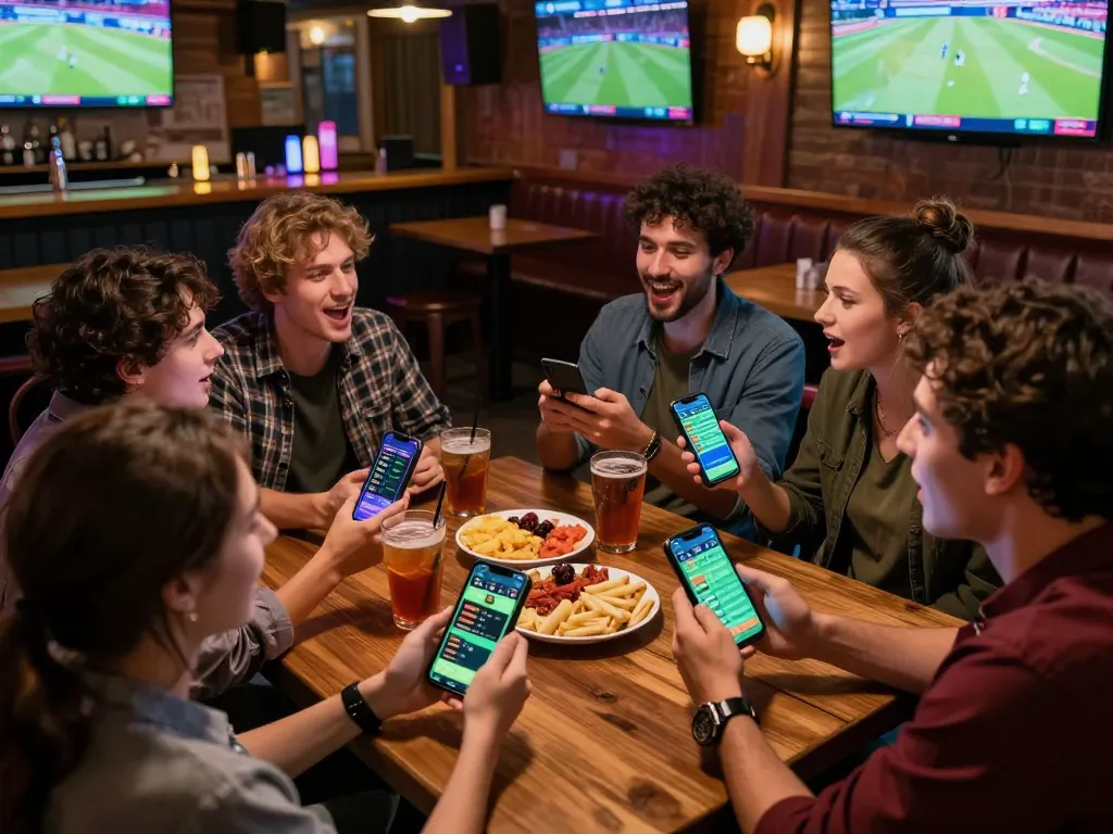 Friends reviewing sports betting options on their smartphones for an exciting 11bet1 game strategy session in a vibrant sports bar.