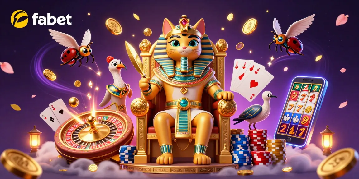 Experience fabet's exhilarating casino atmosphere with Pharaoh cat, coins, and game elements.
