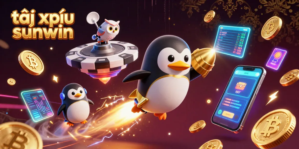 Engage in thrilling gameplay with tài xỉu sunwin, featuring a golden penguin and vibrant crypto elements.