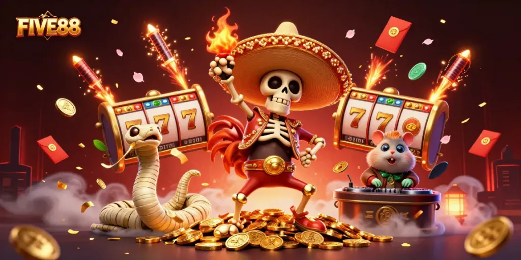 Experience the excitement of FIVE88 with vibrant casino characters amid thrilling game elements.