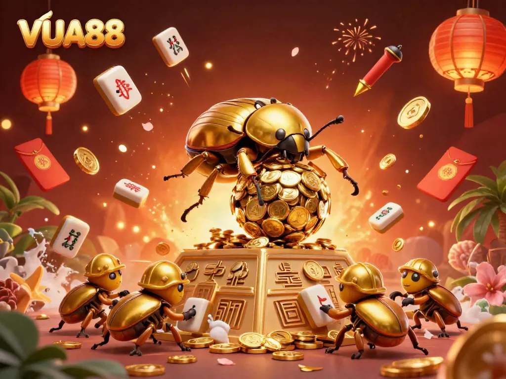 Engage with vibrant casino gaming elements in VUA88's thrilling world, showcasing dynamic beetles and golden coins.