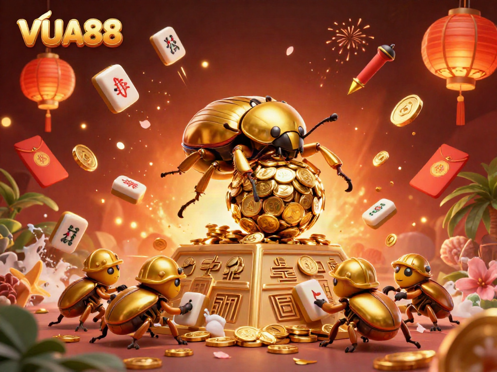 Engage with vibrant casino gaming elements in VUA88's thrilling world, showcasing dynamic beetles and golden coins.