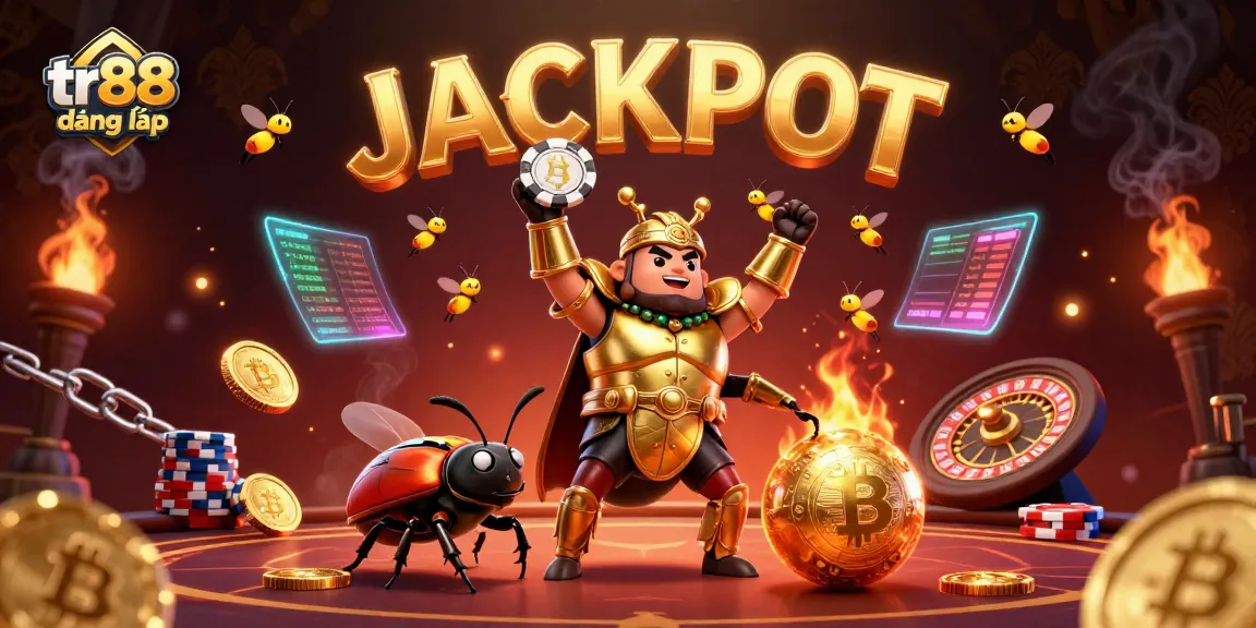 Celebrate wins with tr88 đăng nhập featuring a victorious beetle in a casino scene surrounded by golden coins and vibrant gaming elements.