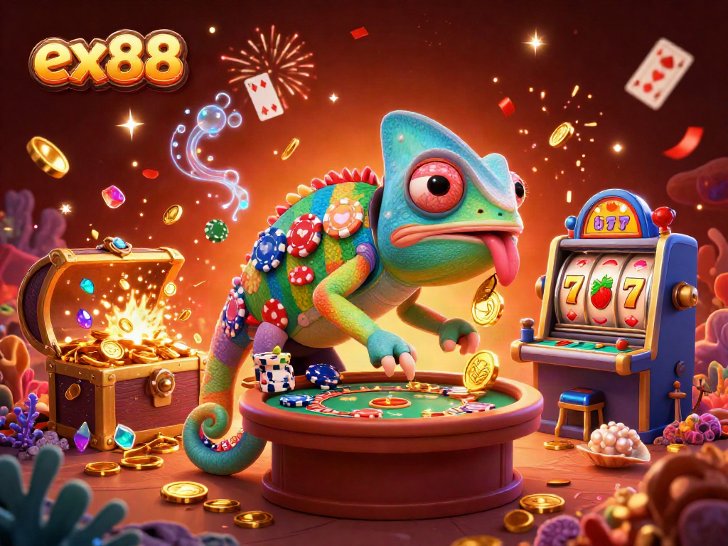 Ex88 highlights slots and casino elements in a vibrant 3D illustration featuring a chameleon casino owner.
