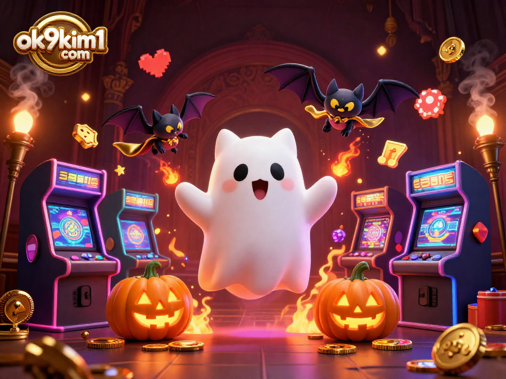 Enjoy thrilling gameplay at ok9kim1 com with friendly ghost cat and vibrant casino elements celebrating fun.