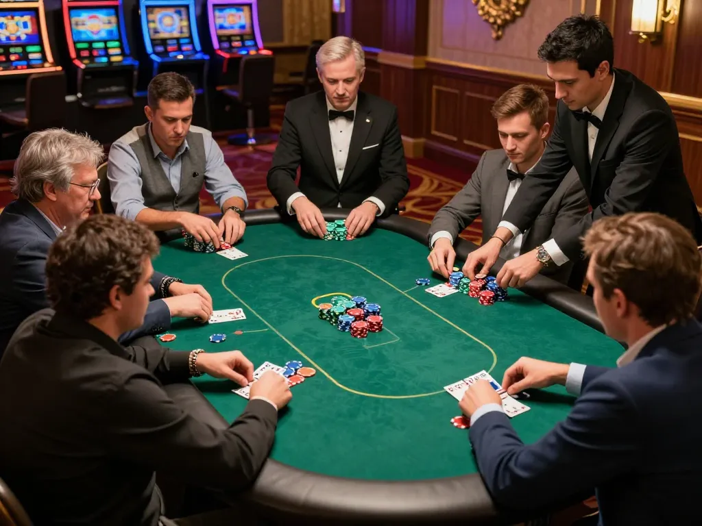 Red88 poker players engaged in a dynamic game, colorful chips creating excitement at the table.