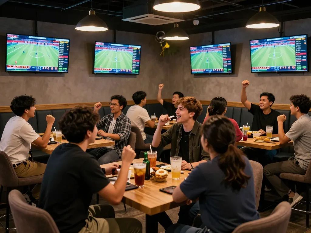 Engaged bettors celebrating their winning strategies with Link đăng ký Lucky88 on screens, lively sports betting atmosphere