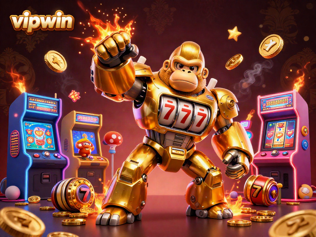 Experience the thrill of vipwin with a dynamic cartoon gorilla mech surrounded by vibrant arcade and casino elements.