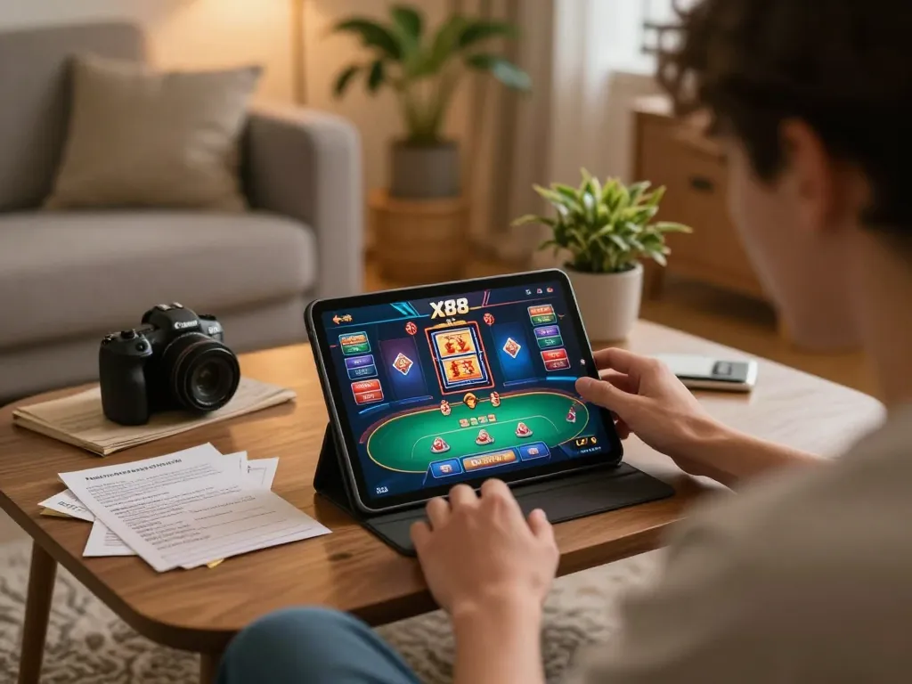 X88 player focusing on tactics at home with tablet and strategy notes.