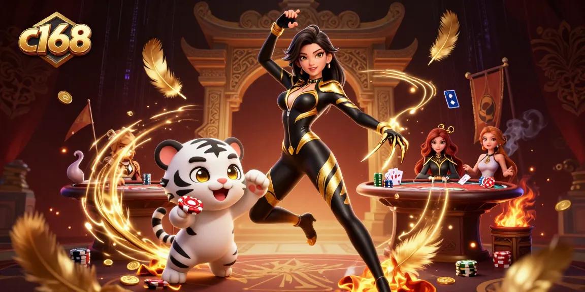 c168 poker game proposal featuring a dynamic scene with a woman and baby tiger.