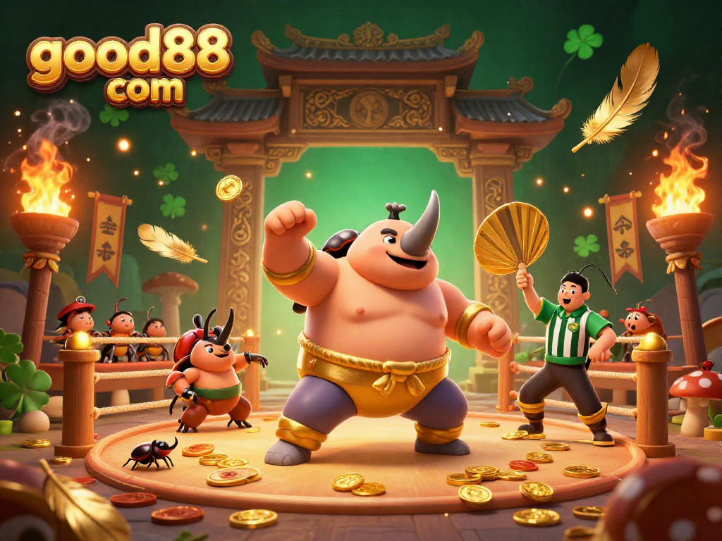 Experience thrilling action at good88 com with a sumo champion beetle in a vibrant casino scene.
