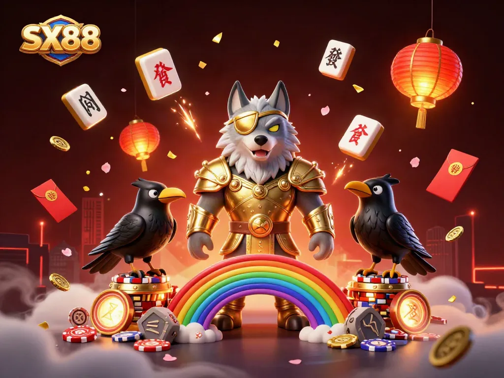 SX88 showcases a vibrant casino scene featuring a Norse wolf and ravens amidst casino elements.