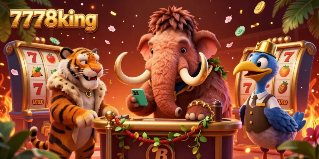Experience thrilling casino action in 7778king with a 3D scene featuring unique characters and vibrant elements.